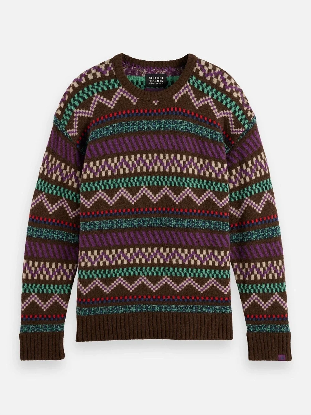 Scotch & Soda Fair Isle Jacquard Crewneck Sweater Brown Multi Mohair Blend L NWT